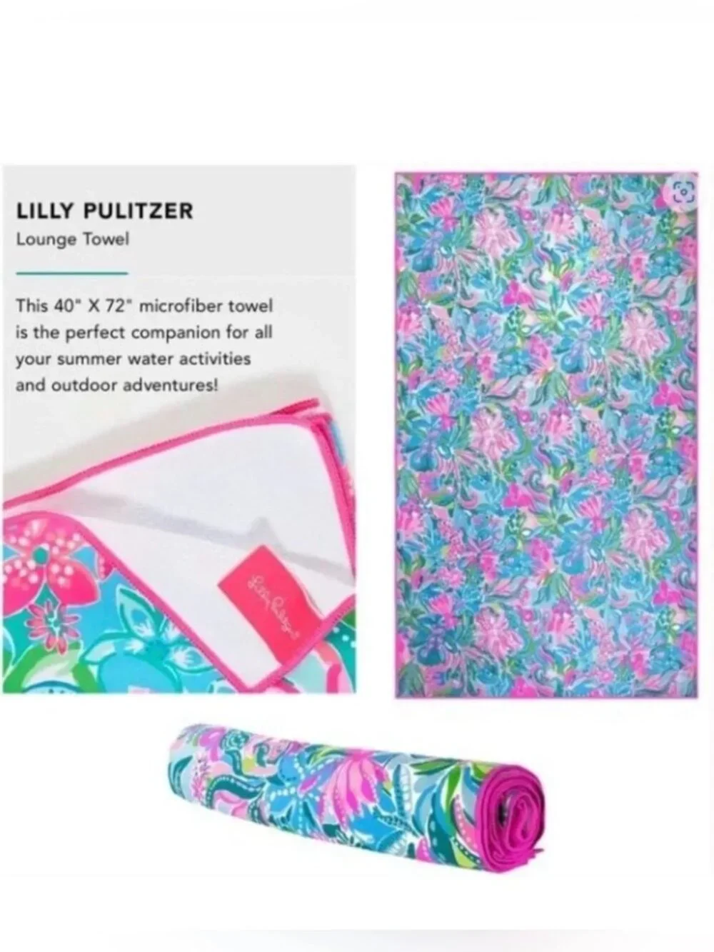 Lilly Pulitzer Lounge Towel Oversized Floral Pink Blue Beach Blanket Picnic